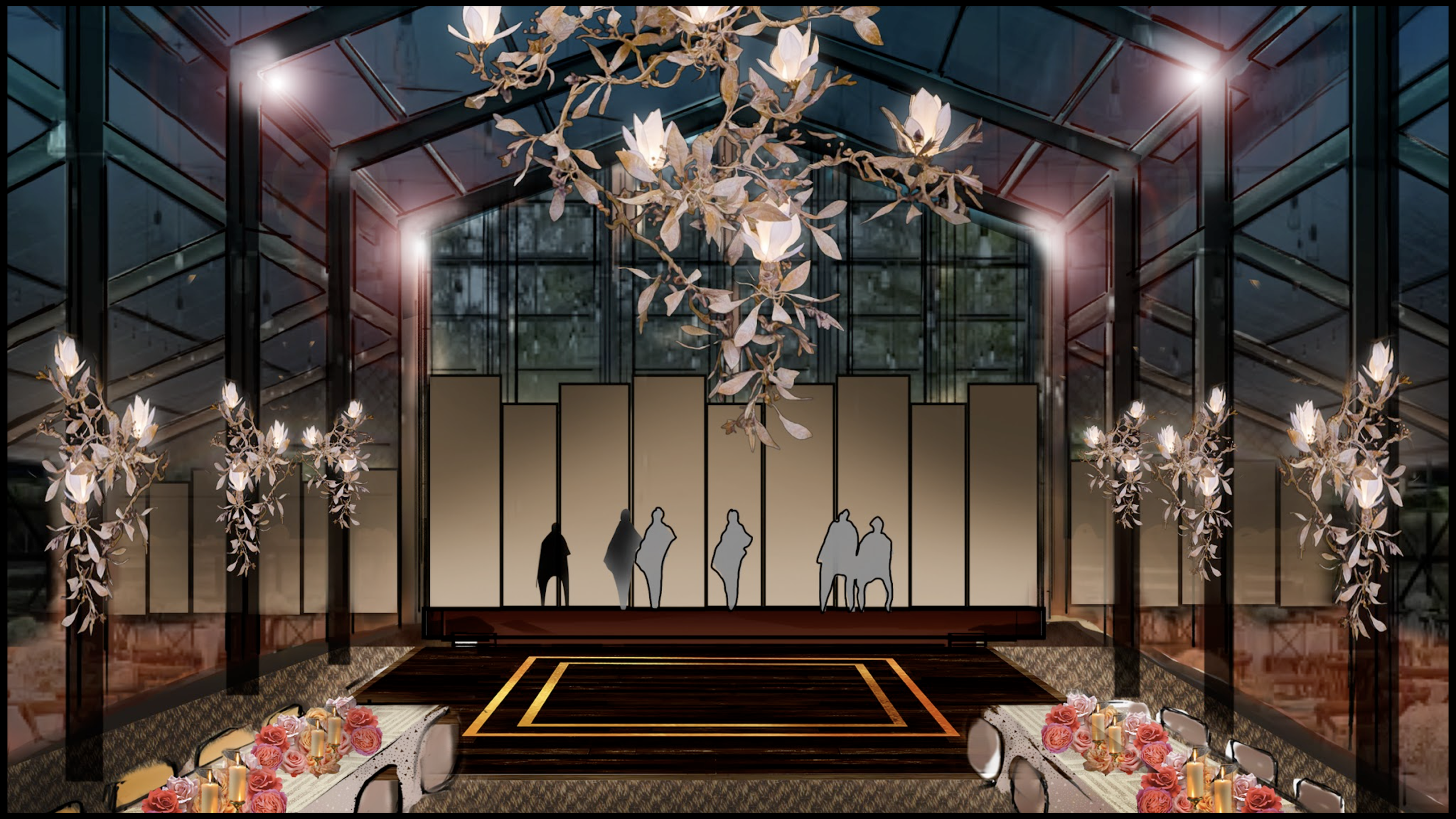 Elegant event space with floral chandeliers, a raised stage with silhouette cutouts of people, and tables decorated with roses and candles.
