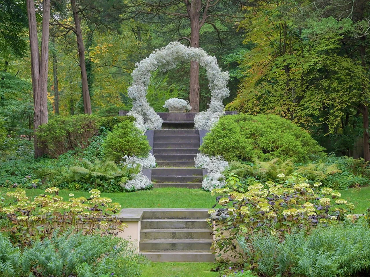 A landscaped garden with stone stairs leading to a circular floral arch, surrounded by lush green bushes and trees, with various flowering plants.