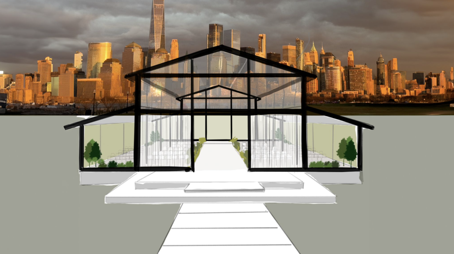 Illustration of a house with transparent walls and black outlines, featuring a walkway leading to the entrance, green trees inside, set against a city skyline backdrop at sunset.