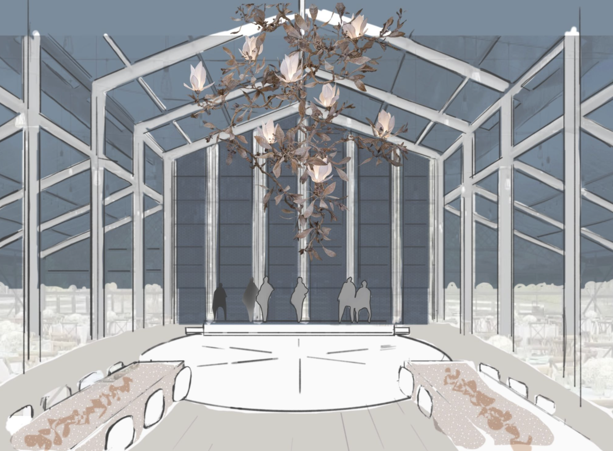 Interior of a modern, glass-walled building with high ceilings and metal framework. A chandelier with floral design hangs in the center. There are two long tables with chairs around them and four silhouettes of people gathered at the far end of the room.