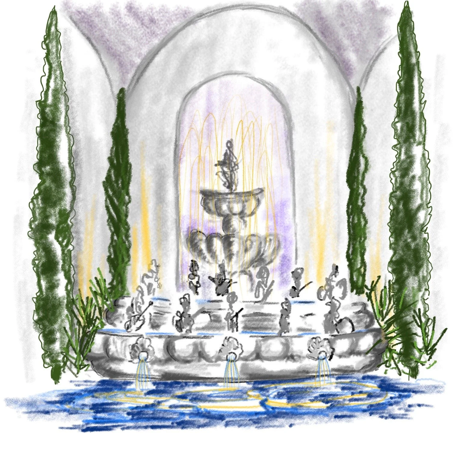 Colorful sketch of a multi-tiered fountain with a statue at the top, surrounded by tall trees, water flowing into a pool, and people sitting and playing around the fountain.