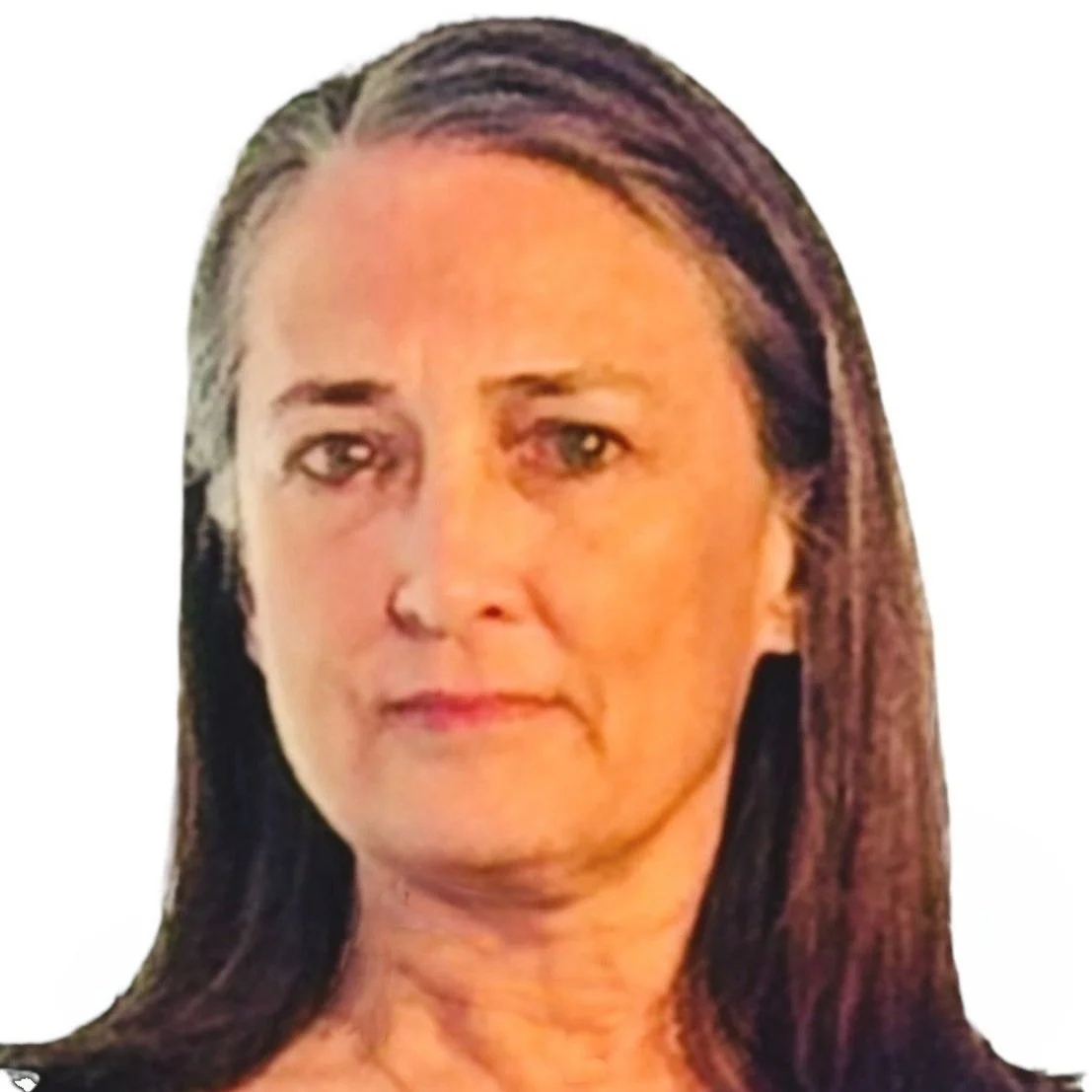 Portrait of an older woman with long brown hair, neutral expression