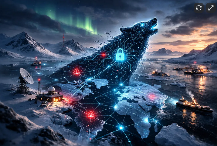 A large digital wolf made of glowing blue circuitry and interconnected lines, standing on Arctic ice with military ships and equipment nearby. The background features northern lights over snow-covered mountains.