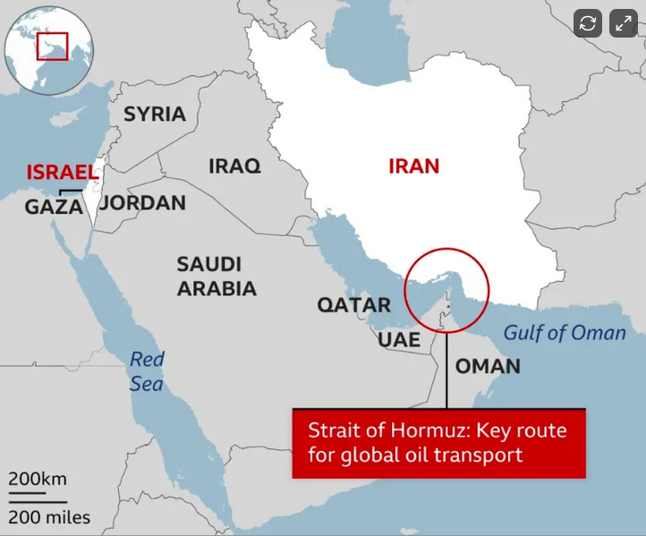 Map showing Middle Eastern countries including Iran, Iraq, Syria, Jordan, Saudi Arabia, Qatar, UAE, Oman, and Gaza strip. The Strait of Hormuz is highlighted as a key oil transport route with an annotation and a red circle around it.