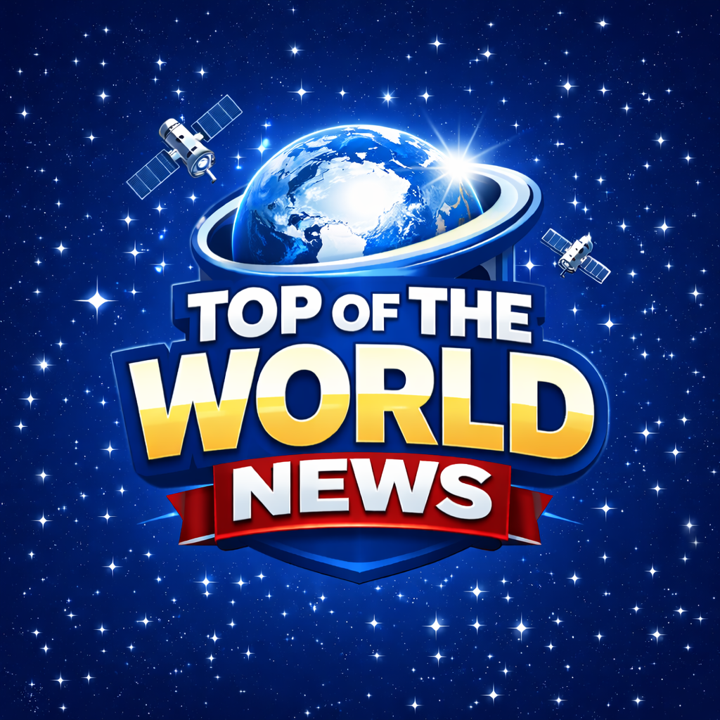 A digital graphic featuring Earth with a ring around it, set against a starry space background. There are two satellites orbiting Earth. In the foreground, there is bold text that reads 'Top of the World News' with 'News' on a red ribbon.