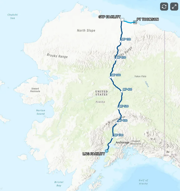 Map of a pipeline from the LNG Facility in the south of Alaska to the GTP Facility near the northern coast of Alaska, with various milepost markers.