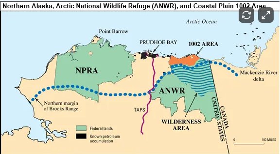 Map of Northern Alaska showing the Arctic National Wildlife Refuge (ANWR), Coastal Plain 1002 Area, and surrounding regions including NPRA, Prudhoe Bay, Point Barrow, TAPS pipeline, Mackenzie River delta, and Wilderness Area. Highlights the federal lands, known petroleum accumulation, and geographical features like Brooks Range and Arctic Ocean.