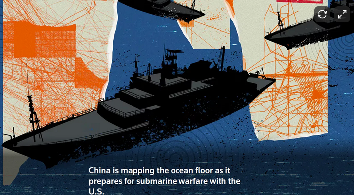 Illustration of large navy ships above water, with a stylized map and network lines in the background.