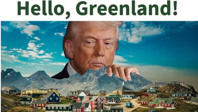 Illustration of Donald Trump with mountains, skyline, houses, and the text 'Hello, Greenland!' at the top.