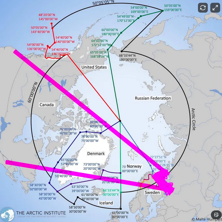 Map of the Arctic region showing the routes of different countries around the Arctic Circle, including use of a pink line from Scandinavia to North America, with various latitude and longitude markers.