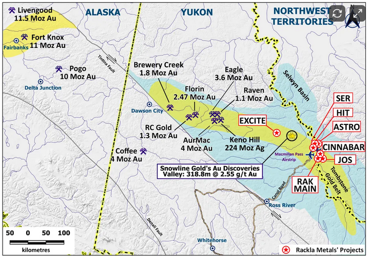 Map of the Dawson City region in Alaska with locations of gold mines and discoveries, including Livengood, Fort Knox, Pogo, Brewer Creek, Eagle, Raven, Florin, Derr Fall, Aurora Mac, Snowline Gold, and others. Highlights include the Excite, JOS, and RAK MAIN projects, with mineral content levels and features like Macmillan Pass Airstrip and Tombstone Gold Belt.