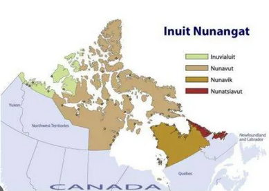 Map of northern Canada showing Inuit Nunangat regions in different colors: Inuvialuit in light green, Nunavut in brown, Nunavik in yellow, and Nunatsiavut in red, with labels for Quebec, Newfoundland and Labrador, and Yukon.