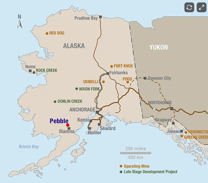 Map of Alaska and Yukon showing mining projects, towns, and rail routes, with Pebble highlighted in red.