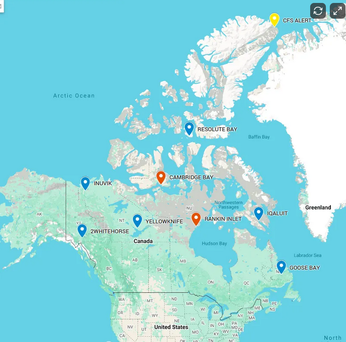 Map of northern Canada showing locations of Resolution Bay, Cambridge Bay, Inuvik, Yellowknife, 2 Whitehorse, Bankin Inlet, Goose Bay, Iqaluit, and the CFS Alert site in the Arctic.