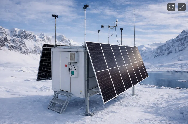 Solar panels installed on a weather station in a snowy icy landscape with mountains and a lake in the background.