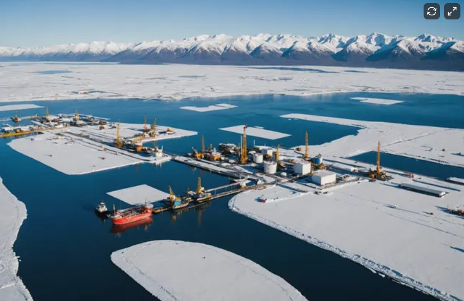 A snowy, icy landscape with a large research or industrial station on water, surrounded by ice and snow, with snow-capped mountains in the background.