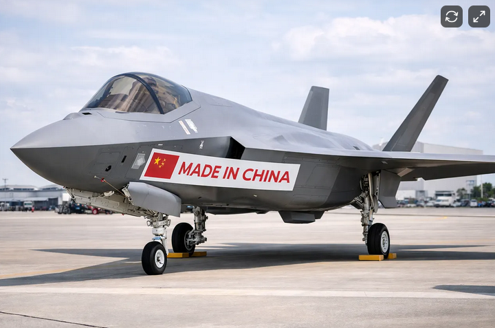 Fighter jet aircraft on airport tarmac with "Made in China" sticker and Chinese flag