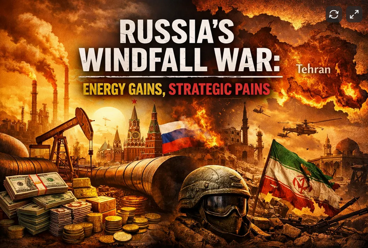 A graphic depicting Russia's windfall war against Ukraine, with a backdrop of smoke-filled skies, explosions, and military helicopters. The image features a pile of money, gold coins, a military helmet, and a Russian flag, along with the Kremlin in the background. The text reads, 'Russia's Windfall War: Energy Gains, Strategic Pains,' with 'Strategic Pains' highlighted in red.