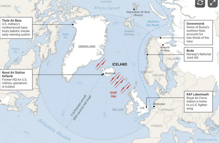 Map of northern Europe and the North Atlantic, showing military bases and naval stations. Key locations include Thule Air Base in Greenland, Naval Air Station Keflavik in Iceland, Severomorsk in Russia, Bodø in Norway, and RAF Lakenheath in the UK. The map indicates geopolitical military presence and the GIUK Gap between Greenland, Iceland, and the UK.