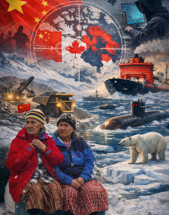 The image depicts a geopolitical scene involving China and Canada. In the foreground, two elderly women sit on a snowy landscape, dressed warmly, with one wearing a red jacket, another in a blue jacket, and both in patterned skirts. A polar bear stands nearby on the ice. Behind them, there are industrial elements including a large red ship and construction equipment. The background features a map of the Arctic region overlaid with the flags of China and Canada, suggesting political or territorial interests.