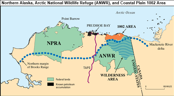 Map of northern Alaska showing the Arctic National Wildlife Refuge (ANWR), Coastal Plain 1002 Area, and surrounding regions. Features include the NPRA, ANWR, wilderness area, Prudhoe Bay, Point Barrow, Mackenzie River delta, TAPS pipeline, and the northern margin of Brooks Range. The map also indicates known petroleum accumulation and federal lands, with color codes and dotted lines delineating different zones.