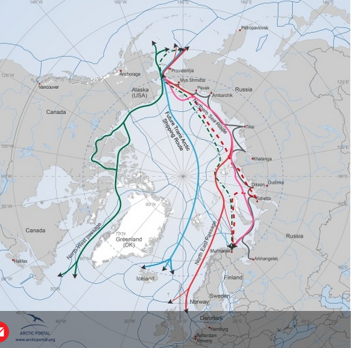 Map showing multiple routes from North America and Europe to the Arctic, indicating the Arctic Portals Project paths.