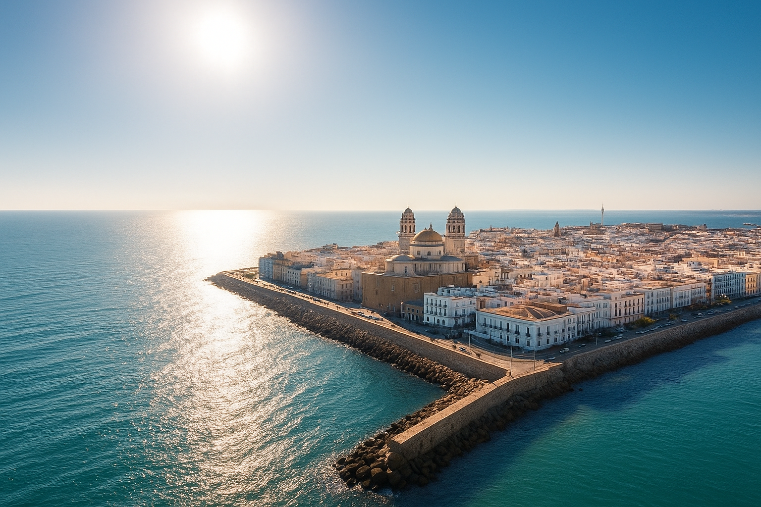 Vista aerea di una città portuale con edifici storici vicino al mare, con un molo che si estende nel mare calmo sotto un cielo chiaro