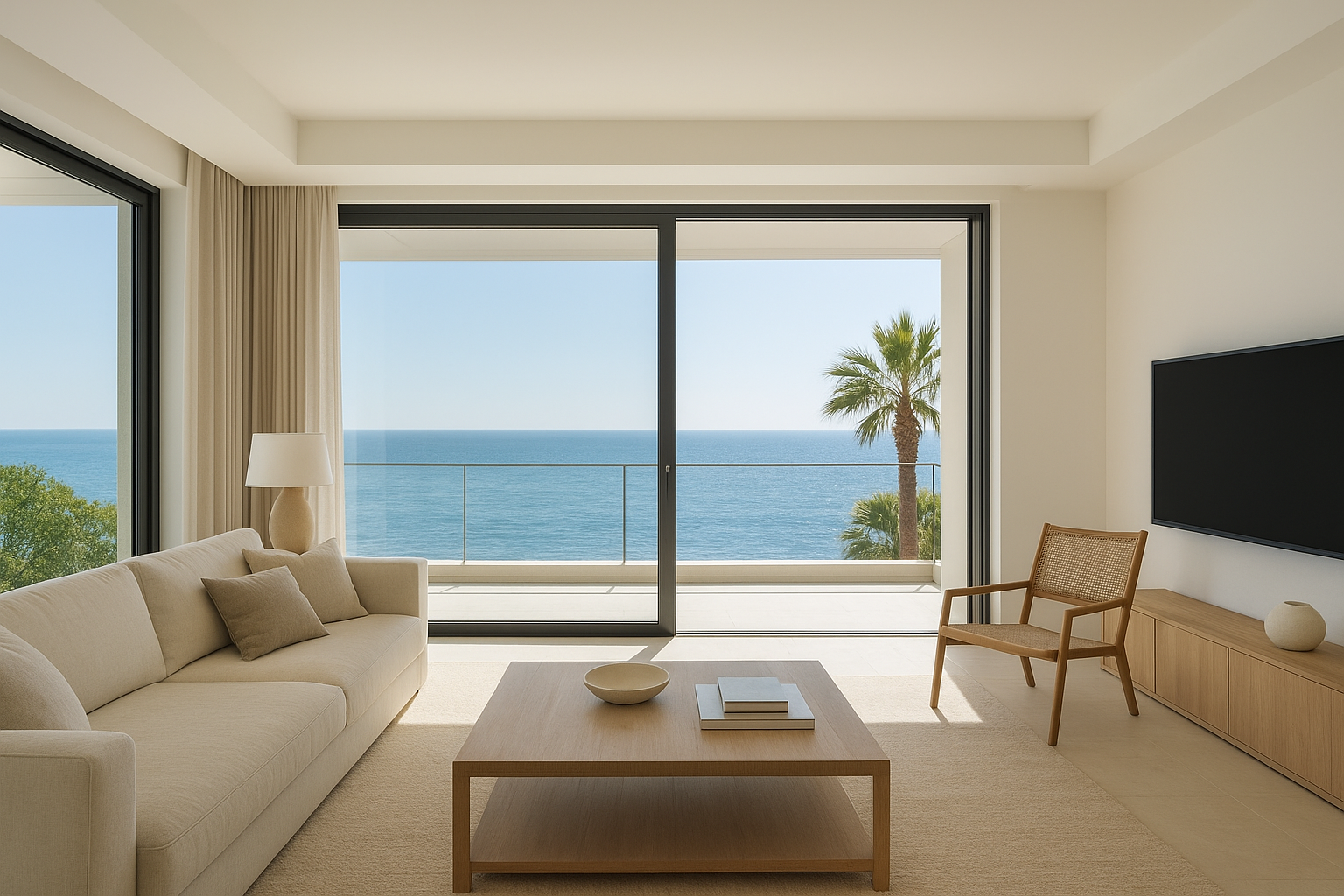 Soggiorno minimalista con vista sull'oceano, divano beige, tavolino, poltrona in legno, TV a schermo piatto, luce naturale, atmosfera tranquilla.
