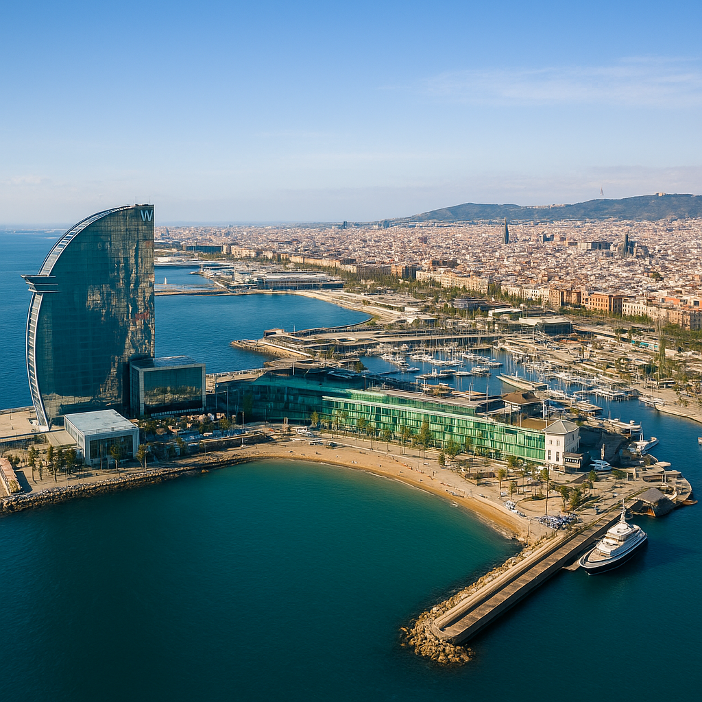 Veduta aerea del porto di Barcellona con il moderno edificio W Hotel e il mare