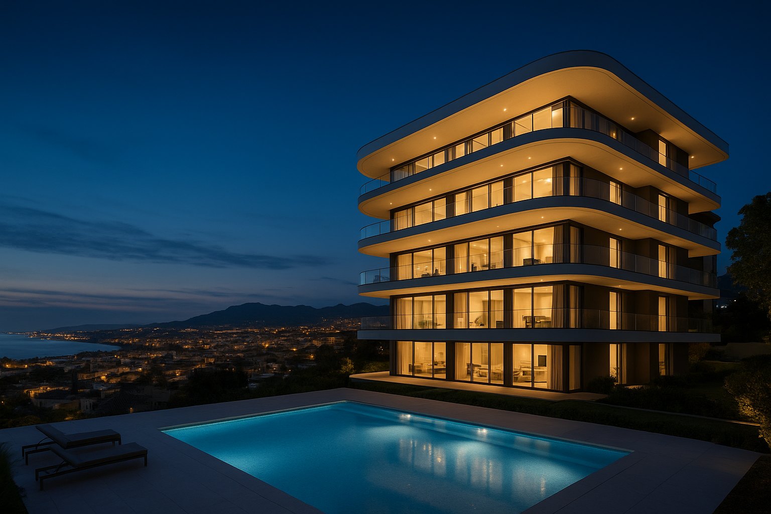 Edificio moderno con quattro piani e ampie vetrate, illuminato dall'interno, con piscina illuminata sul primo piano, al crepuscolo con vista sulla città e sulle montagne sullo sfondo.