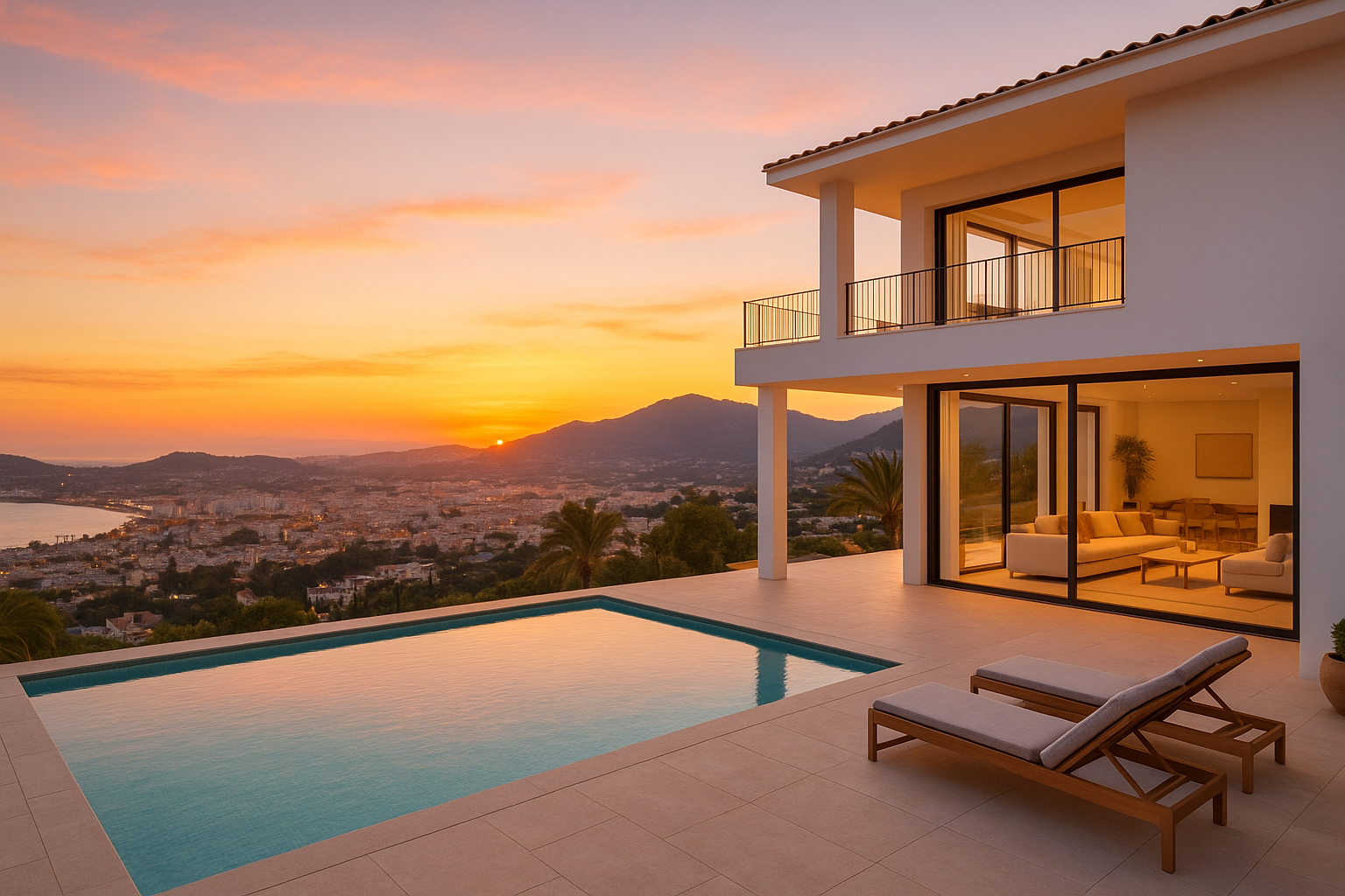Villetta moderna con piscina, vista sul tramonto, con interni luminosi e mobili beige, su terrazza con lettini.