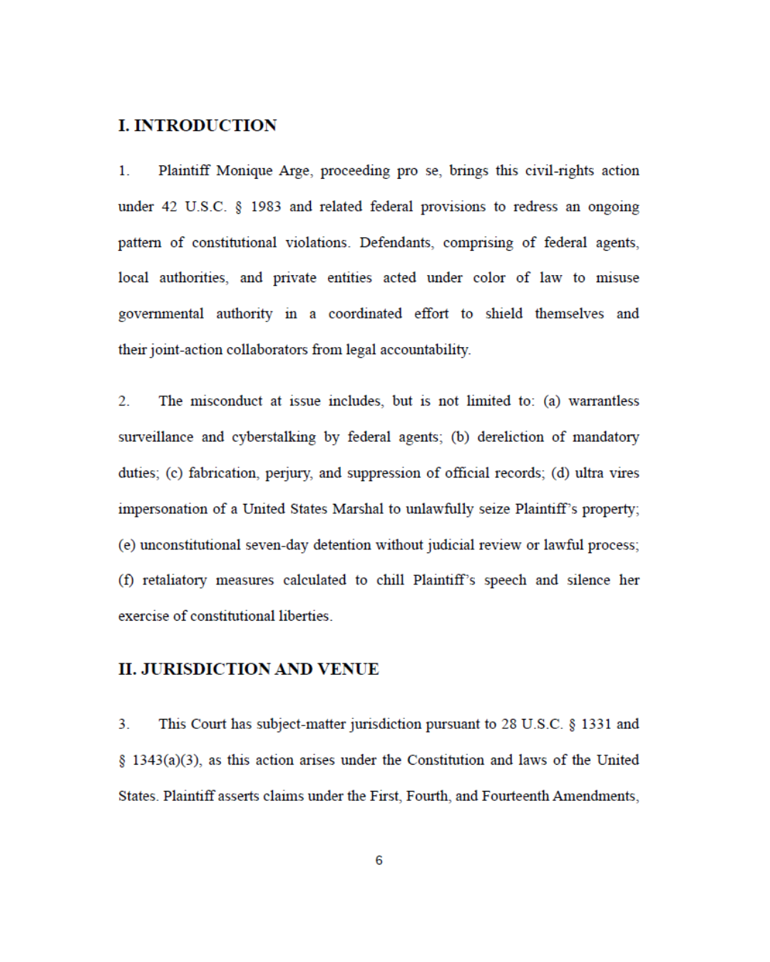 Page from a legal document concerning a civil rights case, including sections titled 'Introduction' and 'Jurisdiction and Venue', numbered paragraphs, and a page number 6 at the bottom.