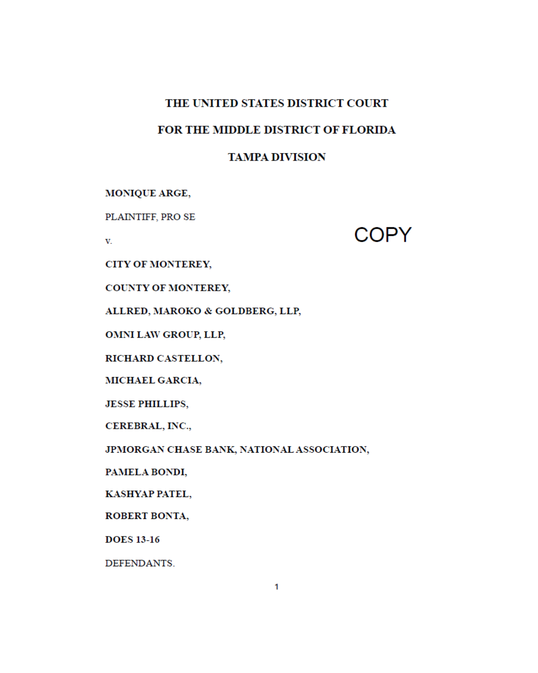 Legal document titled United States District Court for the Middle District of Florida, Tampa Division, transferred to the Northern District of California, San Jose.