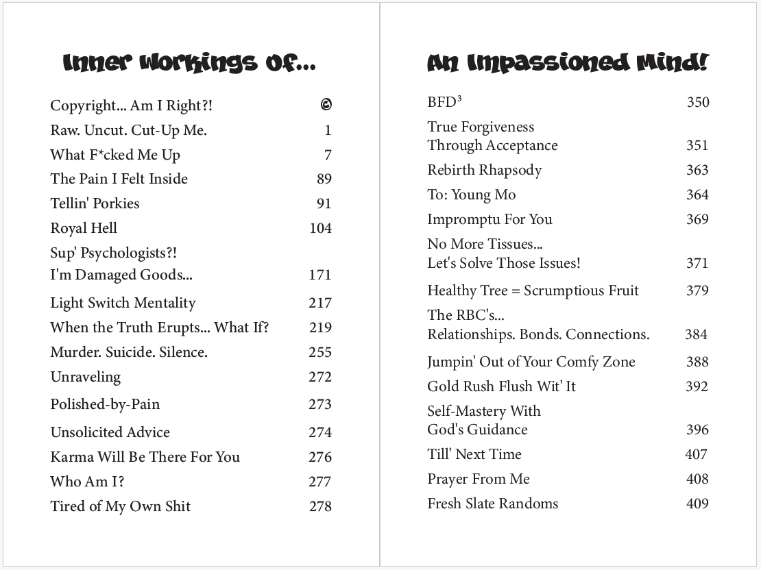 Table of contents for chapters from a book, with titles related to personal growth, psychology, and spirituality.
