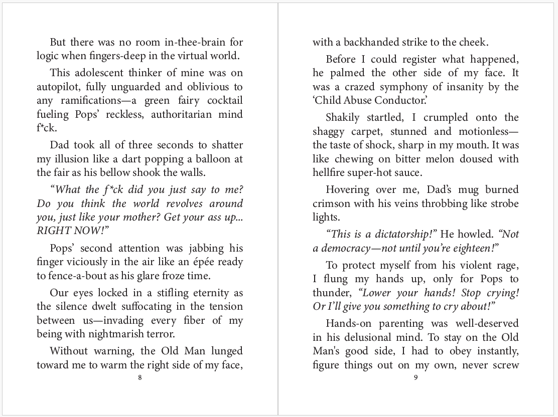 Open book with two pages of text, discussing a tense and dramatic scene with emotional dialogue and imagery.