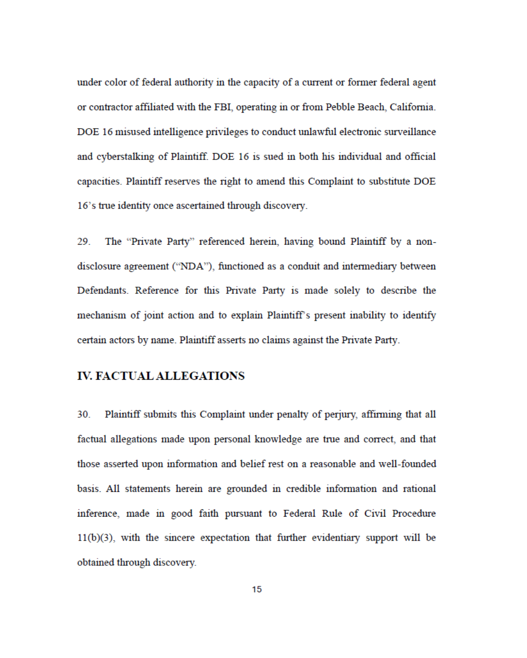 A page of a legal document or court complaint with black text on a white background. The text discusses federal authority, intelligence privileges, and legal claims, ending with a section titled "IV. FACTUAL ALLEGATIONS" and a paragraph about the plaintiff's allegations under penalty of perjury.