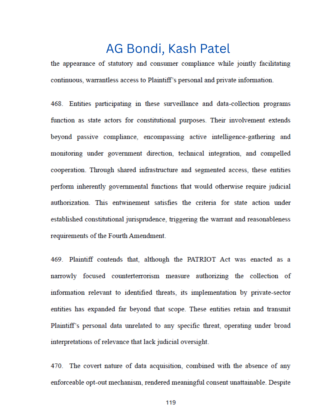 A document page titled 'AG Bondi, Kash Patel' with paragraphs discussing surveillance, data collection, counterterrorism measures, and constitutional legal standards.