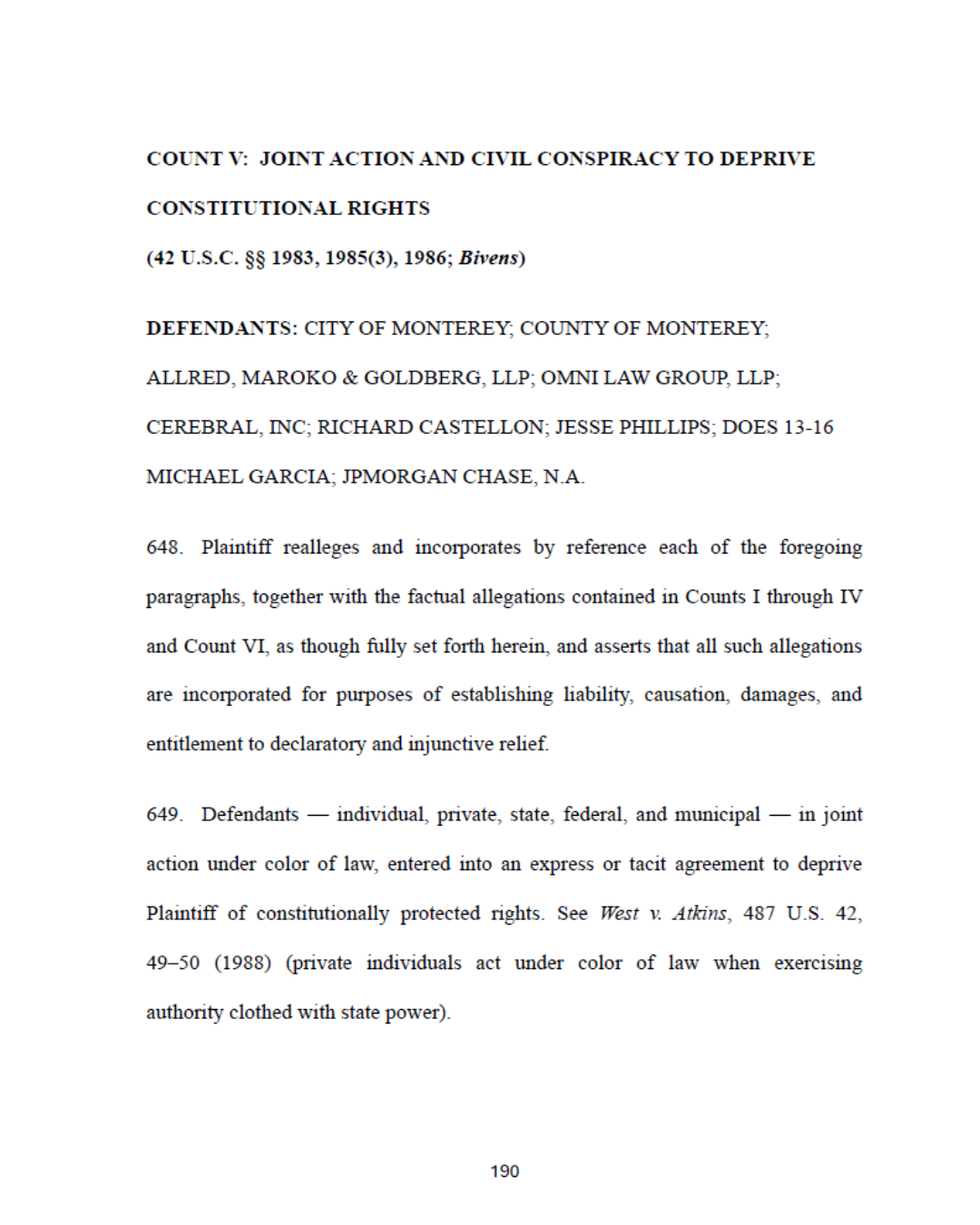 Legal document page titled 'Count V: Joint Action and Civil Conspiracy to Deprive Constitutional Rights' discussing allegations against various defendants, including the City of Monterey, LLCs, and individuals, relating to a civil lawsuit.