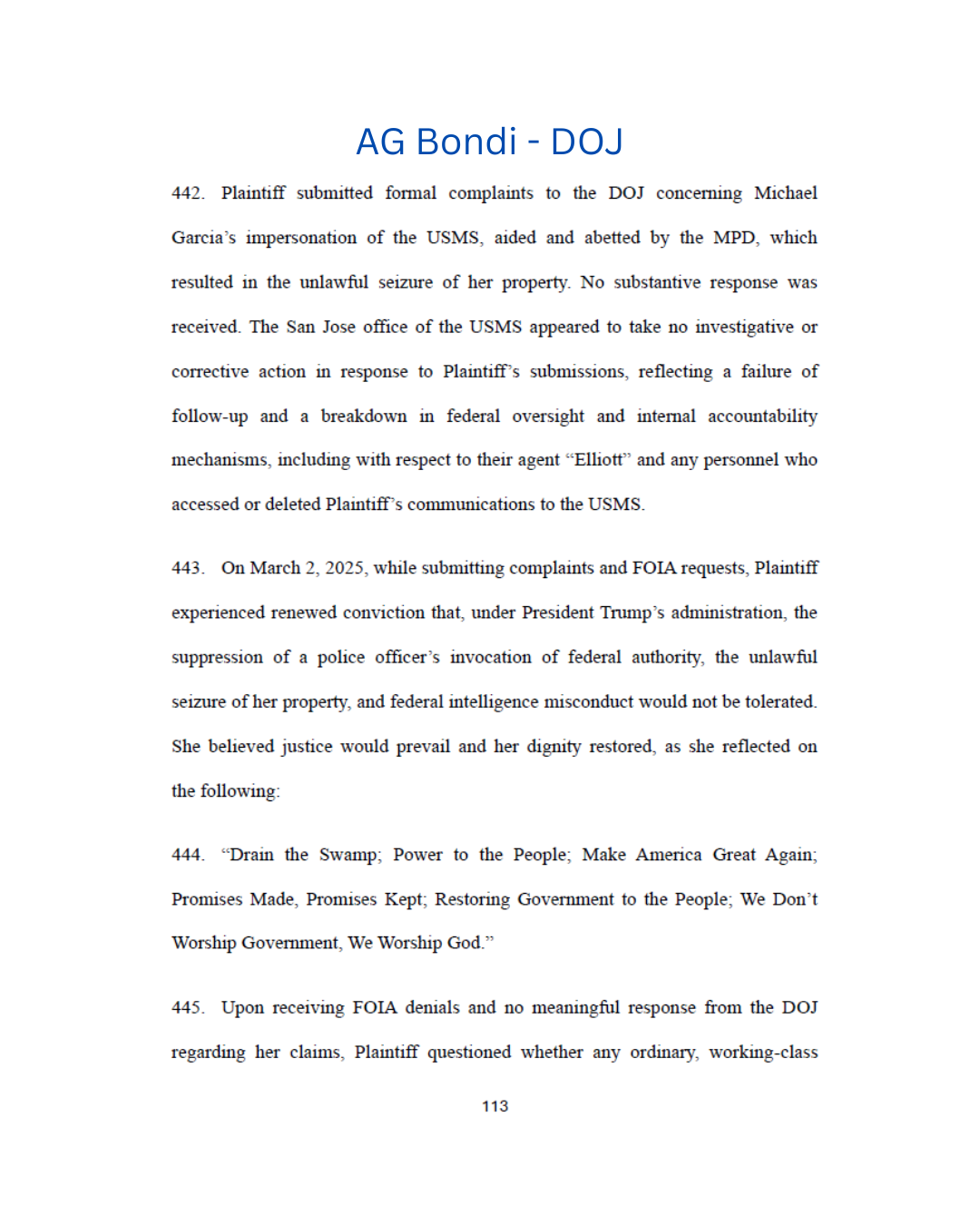 Page from a legal document titled 'AG Bondi - DOJ' with numbered paragraphs discussing complaints and legal issues related to government actions and personal rights.