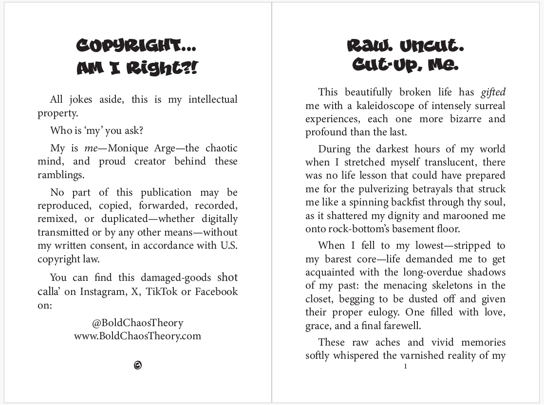 Contains a humorous, self-deprecating note about intellectual property. Features a poetic reflection on life, memories, and personal experiences.