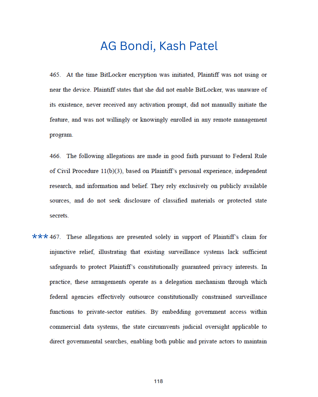 Page from a legal document with sections numbered 465 to 467, discussing surveillance and privacy allegations, with the title 'AG Bondi, Kash Patel' at the top.