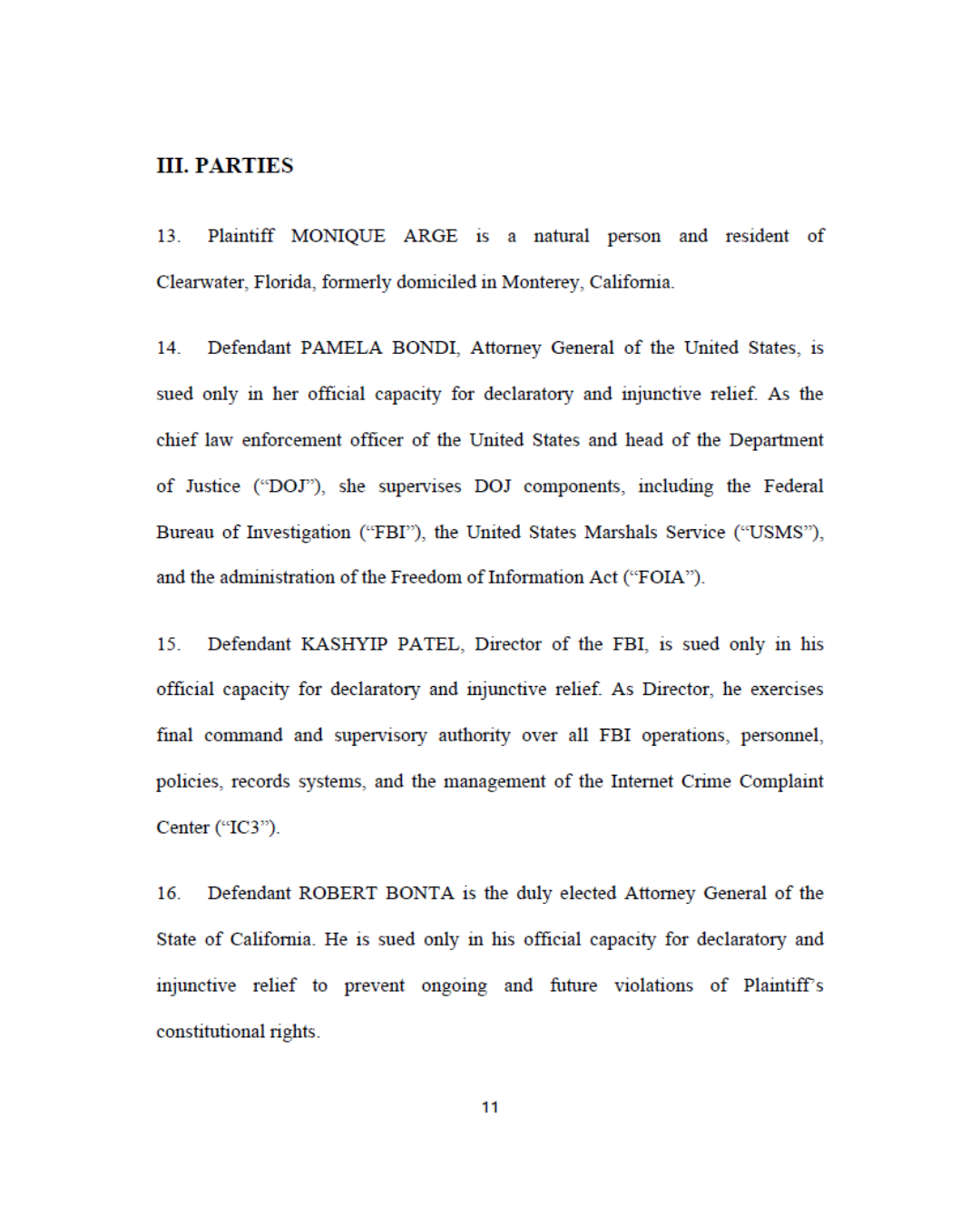A legal document page with sections titled 'III. PARTIES' containing numbered paragraphs about individuals and government officials involved in a legal case, including names, roles, and descriptions of their capacities.