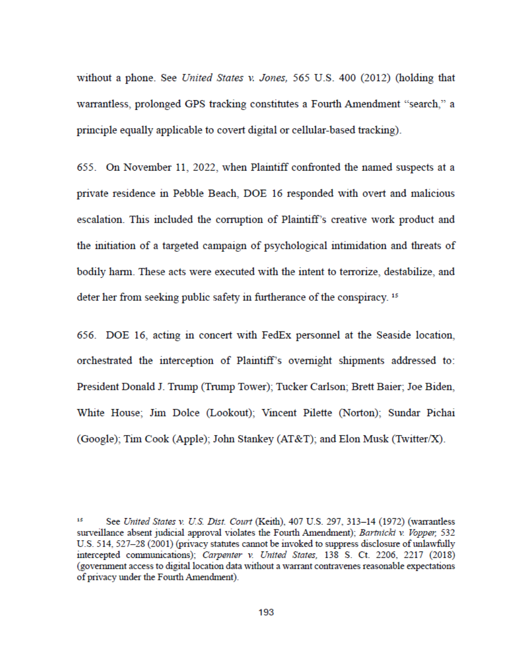 Page from a legal document or court transcript discussing surveillance, GPS tracking, and coordinated interception efforts involving high-profile individuals.