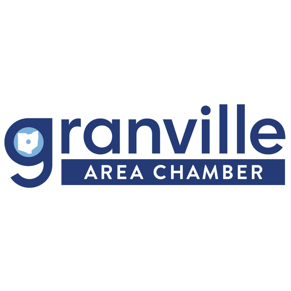 Logo of Granville Area Chamber featuring a stylized letter G with a map of Ohio inside it and the text 'granville AREA CHAMBER' in blue.