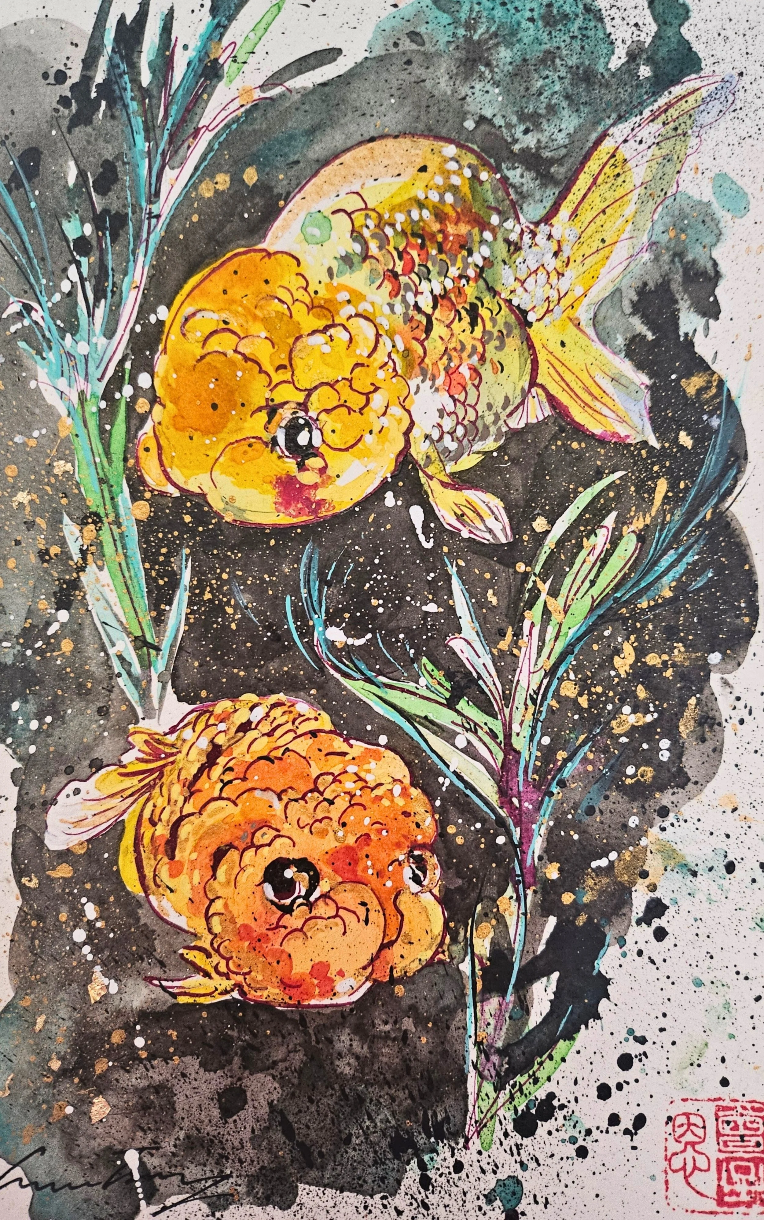 GraceJiYanTsang_TwoRanchuGoldfish_9.5x12_MixedMedia_$285_@gracetsang.art.jpeg