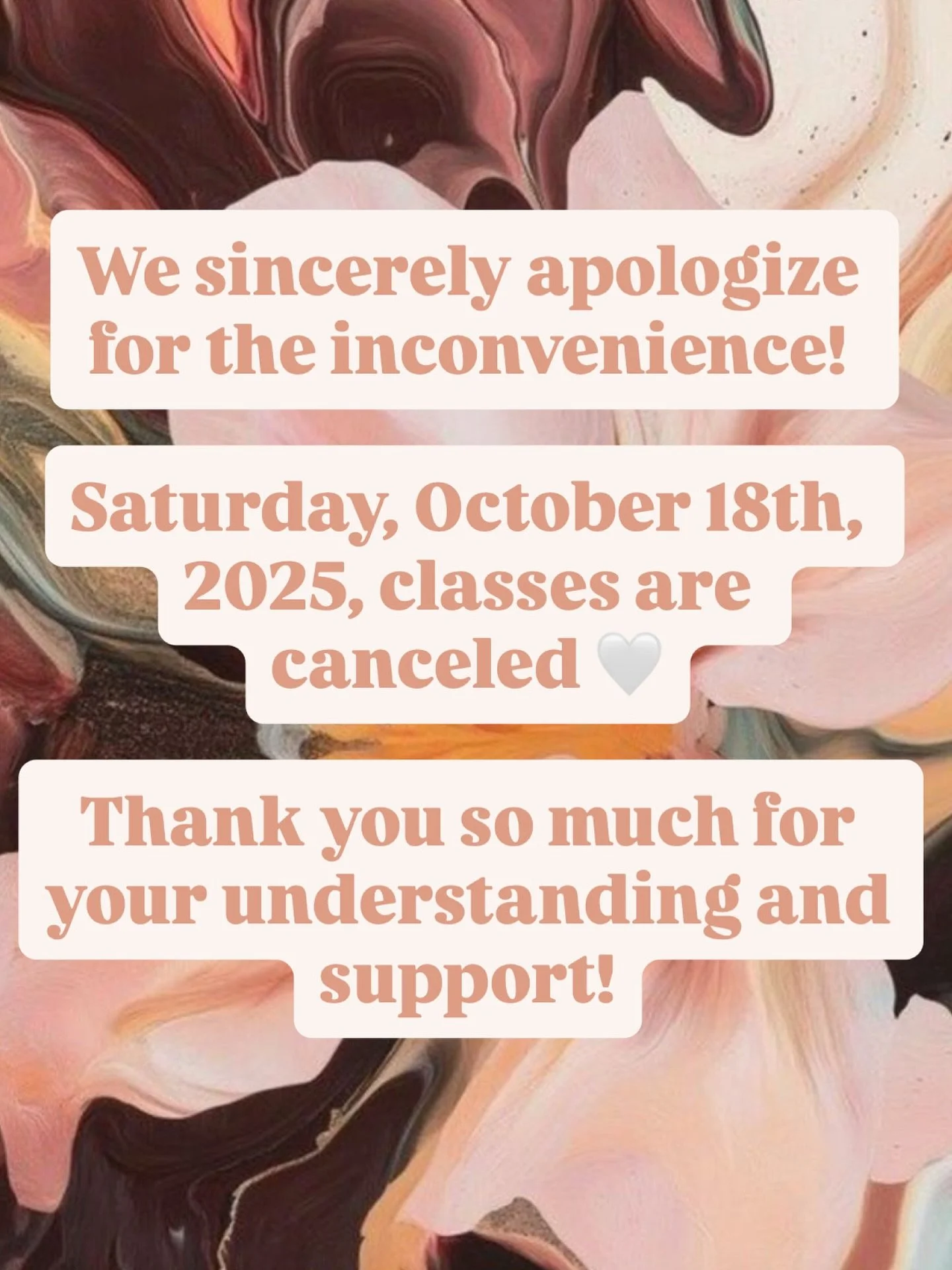 Schedule Update 🤍

We apologize for the inconvenience &mdash; Saturday, October 18th, 2025 classes are canceled.

If you were registered for a Saturday class, your pass has already been credited back to your Sol&egrave;ne account and is available fo