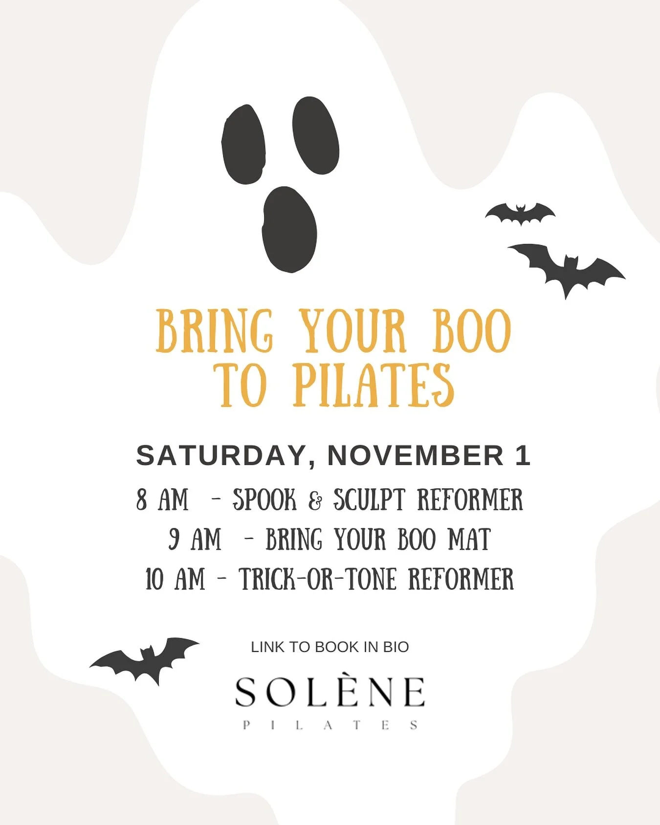 👻 Bring Your Boo to Pilates!
Saturday, November 1 🎃

8 AM &ndash; Spook &amp; Sculpt Reformer
9 AM &ndash; Bring Your Boo Mat
10 AM &ndash; Trick-or-Tone Reformer

Dressing up is welcomed (keep it light &mdash; no loose fits for safety!) 🖤🦇

Rese