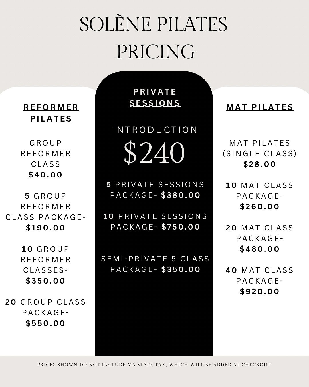 Here&rsquo;s our studio pricing menu 💫

Whether you&rsquo;re joining us for group classes, privates, or memberships, there&rsquo;s something here for everyone.

Prices shown before MA state tax.

Booking link in Bio🤍