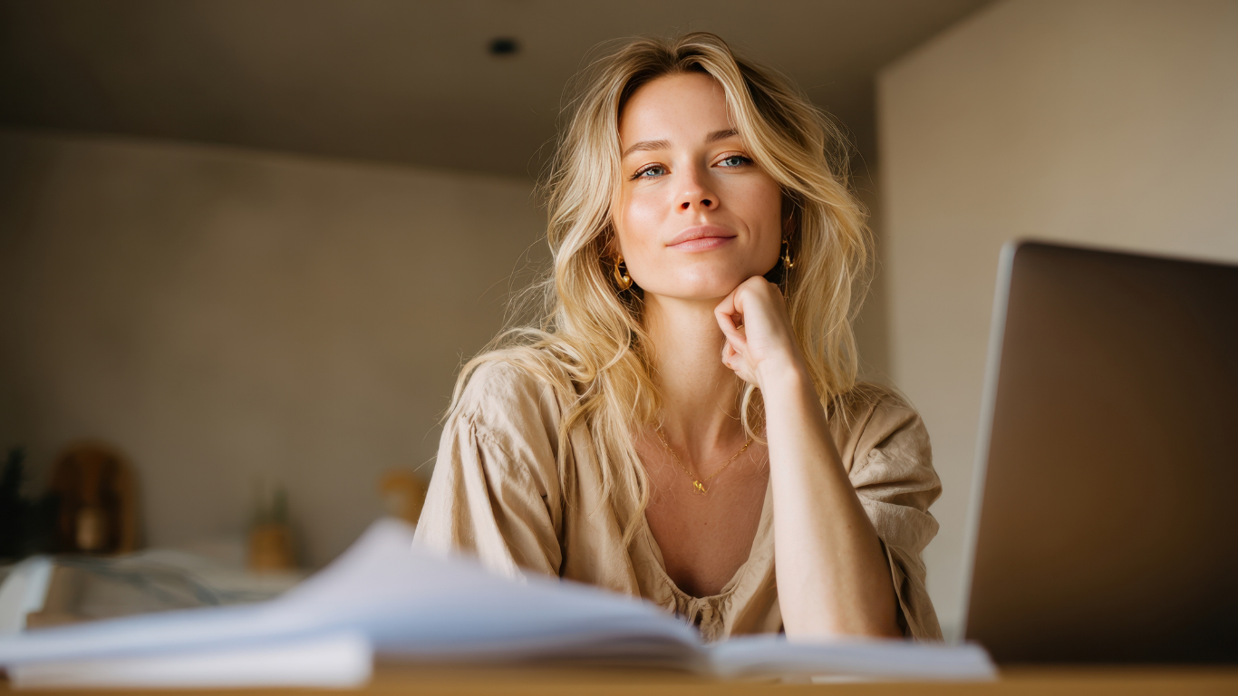 Joven mujer con cabello rubio y ondulado, sonriendo ligeramente, descansando su rostro en su mano, sentada frente a una computadora portátil en un ambiente interior bien iluminado.