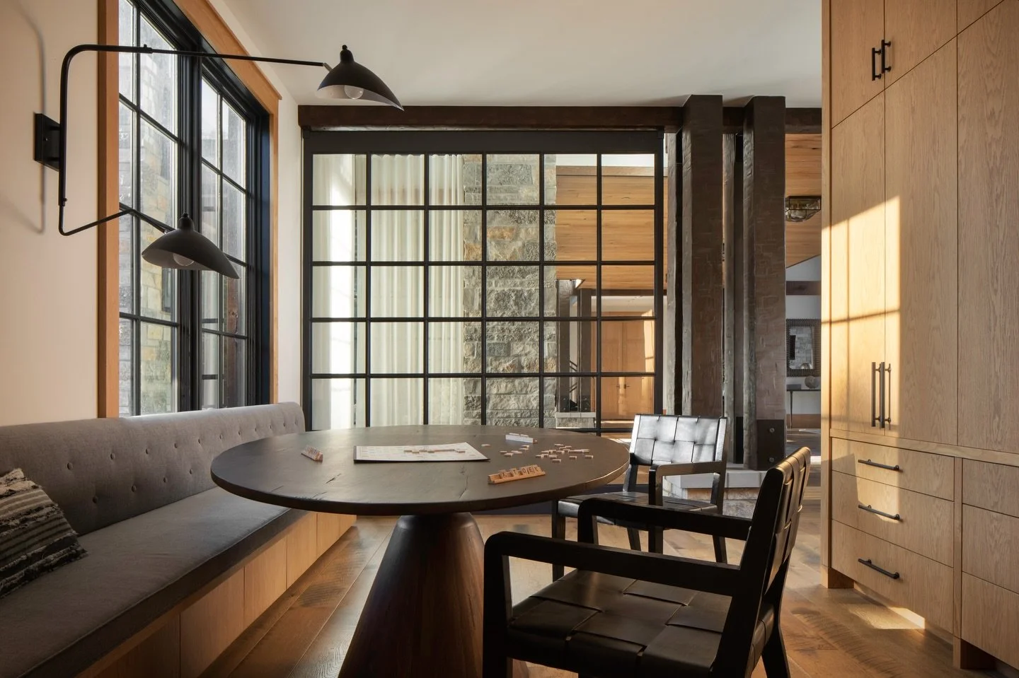 Game Room + Study / Located just off the main living spaces and kitchen this multifunctional room is meant to be flexible and intimate I. This sprawling woodland lodge. A space for casual work or to play a game the large banquette and ample storage a